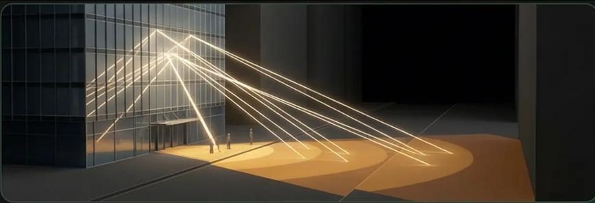 Sun rays traced through a facade opening for a glare study