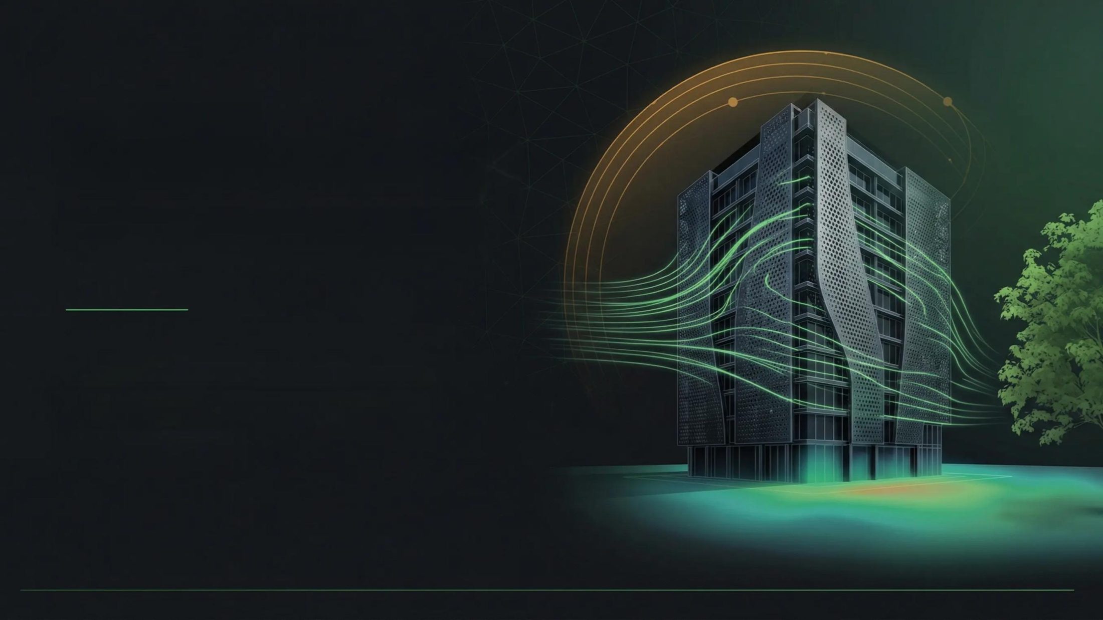 Building wrapped in simulated wind flow lines, with a sun-path arc overhead
