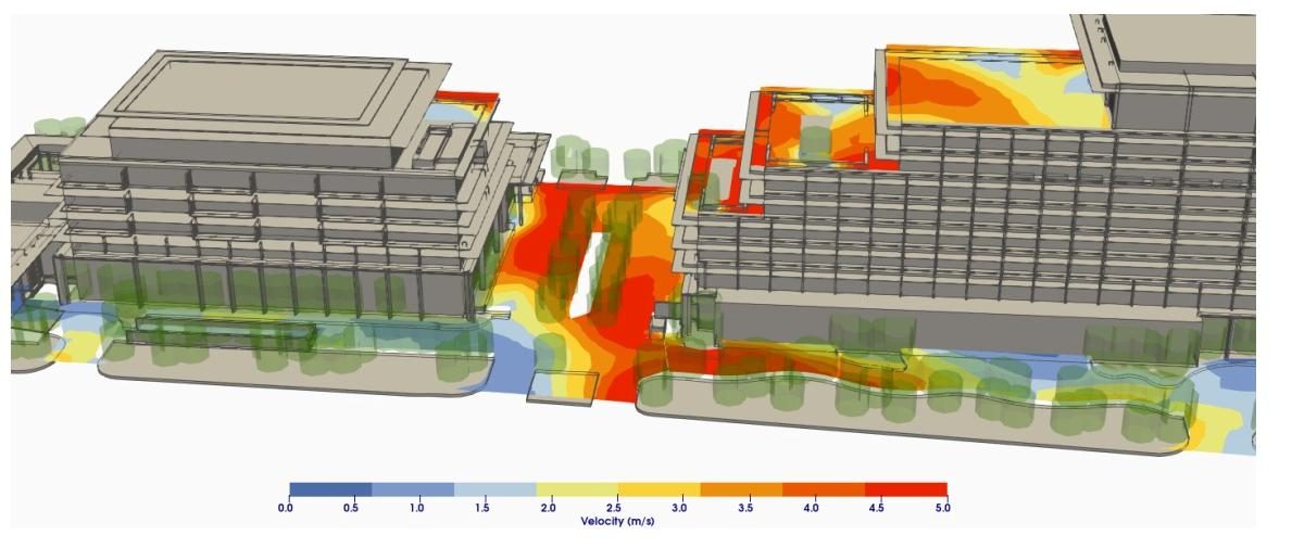 CFD wind speed map showing amplified flow between two buildings
